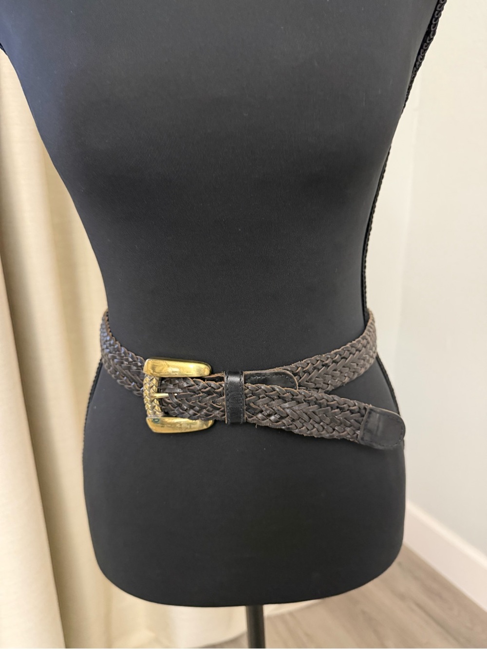 Braided Leather Waist Belt in Dark Brown with Brass Buckle